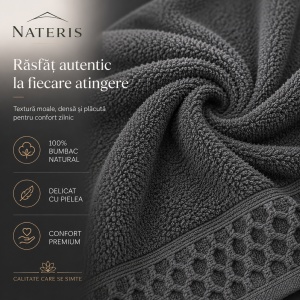 Set 2 prosoape baie Solano, 100% bumbac natural, 70x140 cm, absorbție rapidă, uscare eficientă, confort premium, delicate cu pielea, design elegant cu bordură decorativă, rezistente în timp, gri antracit - Img 3