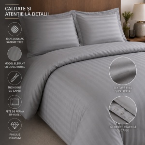 Set lenjerie de pat Hotel Line , 240x200/260 cm, 2 fețe de pernă 60x70 cm, 100% bumbac satinat T220, model dungi hotel, anti-alergic, închidere cu capse, premium, gri - Img 3