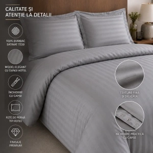 Set lenjerie de pat Hotel Line 240x200/260 cm, bumbac satinat , 3 piese, închidere cu capse, gri - Img 3