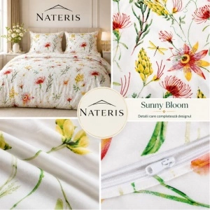 Set lenjerie Nateris 100% bumbac, 220x200 cm, 3 piese, alb multicolor - Img 5