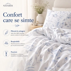Set lenjerie Nateris Azura, 100% bumbac, 220x200 cm, 3 piese, albastru - Img 4
