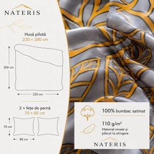 Set lenjerie pat Nateris satin 100% bumbac 220x200 cm, 3 piese, gri - Img 2