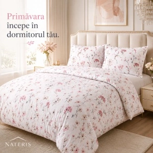 Lenjerie pat 100% bumbac Jersey, 220x200 cm, 3 piese, floral alb/roz - Img 5