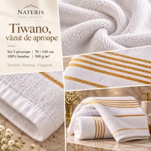 Set 2 prosoape baie Nateris Tiwano, bumbac, 70x140 cm, alb - Img 6