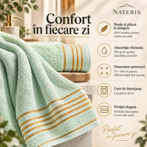 Set 2 prosoape baie Nateris Tiwano, bumbac, 70x140 cm, verde mentă - Img 5