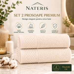 Set 2 prosoape baie Solano, 100% bumbac natural, 70x140 cm, absorbție rapidă, textură delicată, prosop premium pentru baie, bordură decorativă elegantă, certificat OEKO-TEX, crem - Img 5