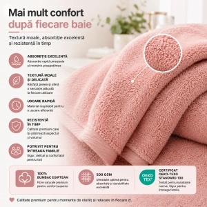 Set 2 Prosoape Față și Mâini Kiwi, 50x100 cm, bumbac egiptean, 500 GSM, OEKO-TEX®, roz - Img 5