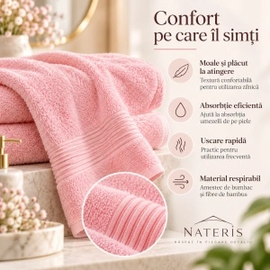 Set 2 Prosoape Față și Mâini Nateris Bamboo Moreno, 50x90 cm, bumbac 500 g/m², Roz - Img 4