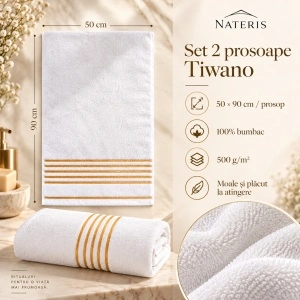 Set 2 Prosoape Față și Mâini Nateris Tiwano, bumbac, 50x90 cm, 500 g/m², alb - Img 2