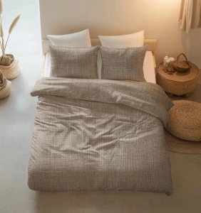 Set lenjerie de pat 200x220 cm, 100% bumbac, 3 piese, închidere cu capse, bej - Img 2