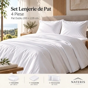 Set Lenjerie de Pat Alb, 4 Piese, Pat Dublu 200×220 cm