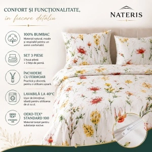 Set lenjerie Nateris 100% bumbac, 220x200 cm, 3 piese, alb multicolor - Img 2
