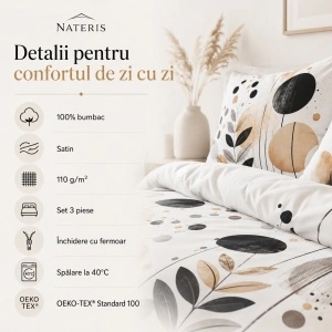 Set lenjerie Nateris Linure, bumbac satinat, 220x200 cm, 3 piese, alb - Img 3