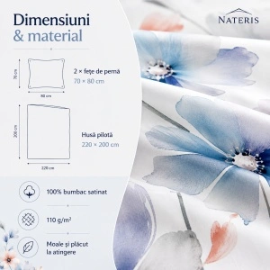 Set lenjerie pat Nateris Lunara, bumbac satinat, 220x200 cm, 3 piese, alb - Img 2