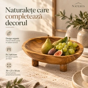 Bol pentru fructe din lemn de tec, 30 × 23 × 10 cm, natural - Img 5