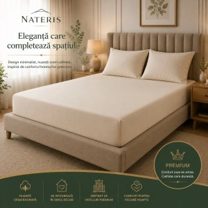 Cearșaf cu elastic 160x200 cm, 100% bumbac, pentru saltea și boxspring, crem - Img 2