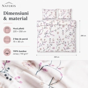 Lenjerie pat 100% bumbac Jersey, 220x200 cm, 3 piese, floral alb/roz - Img 2
