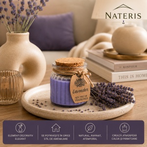 Lumânare parfumată Lavandă, ceară naturală de soia, recipient din sticlă cu capac din plută, aromaterapie și relaxare, decor elegant pentru casă, ardere până la 20 ore, 120 g - Img 4