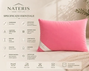 Pernă 50x70 cm, pană de gâscă, husă 100% bumbac, 800 g, roz - Img 4