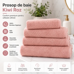 Prosop de baie Kiwi, 50 x 100 cm, 100% Bumbac Egiptean, 500 GSM, absorbție superioară, textură moale, uscare rapidă, certificat OEKO-TEX Standard 100, Roz - Img 2