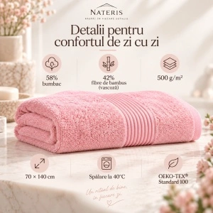 Set 2 prosoape baie Nateris Bamboo Moreno, 70x140 cm, bumbac 500 g/m², roz - Img 3