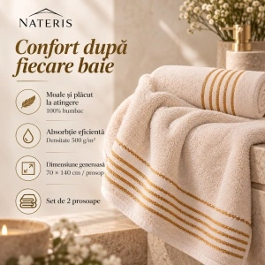 Set 2 prosoape baie Nateris Tiwano, bumbac, 70x140 cm, crem - Img 6