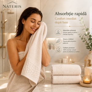 Set 2 prosoape baie Solano, 100% bumbac natural, 70x140 cm, absorbție rapidă, textură delicată, prosop premium pentru baie, bordură decorativă elegantă, certificat OEKO-TEX, crem - Img 2