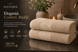 Set 2 prosoape baie Solano, 70x140 cm, 100% bumbac natural, 450 GSM, absorbție rapidă, delicate cu pielea, uscare eficientă, bordură decorativă elegantă, certificate OEKO-TEX, cappuccino