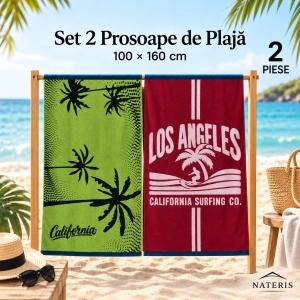 Set 2 Prosoape de Plaja 100×160 cm – CALIFORNIA Verde Oliv + LOS ANGELES Bordo