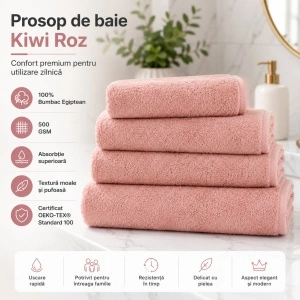 Set 2 Prosoape Față și Mâini Kiwi, 50x100 cm, bumbac egiptean, 500 GSM, OEKO-TEX®, roz - Img 2