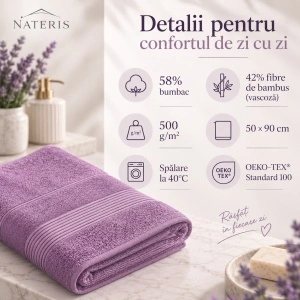 Set 2 Prosoape Față și Mâini Nateris Bamboo Moreno, 50x90 cm, 500 g/m², lavandă - Img 3