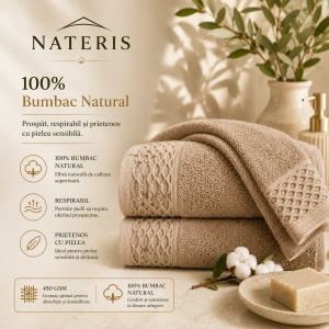 Set 2 prosoape premium NATERIS SOLANO, prosop baie 100% bumbac, 70x140 cm, 450 GSM, bej, pufoase, absorbante, hotel spa, bej - Img 3