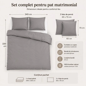 Set lenjerie de pat 240x220 cm, 100% bumbac satinat, 3 piese, închidere cu capse, gri - Img 3