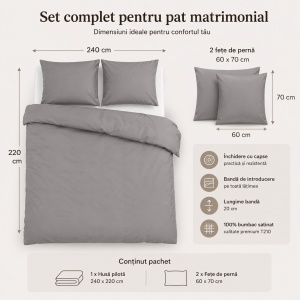 Set lenjerie de pat , 240x220 cm, 2 fețe de pernă 60x70 cm, 100% bumbac satinat, anti-alergic, închidere cu capse, gri - Img 3