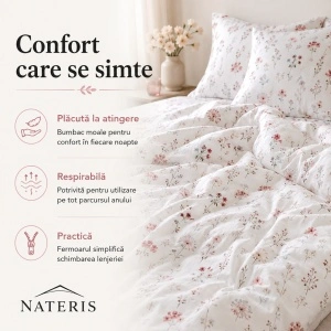 Set lenjerie pat Nateris 100% bumbac 220x200 cm, 3 piese, alb floral - Img 4