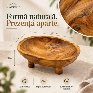 Bol pentru fructe din lemn de tec, 30 × 23 × 10 cm, natural - Img 2
