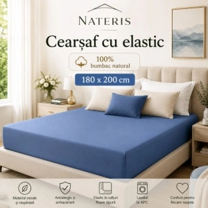 Cearșaf cu elastic 160x200 cm, 100% bumbac, colț 30 cm, antialergic, albastru - Img 2