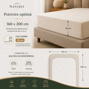 Cearșaf cu elastic 160x200 cm, 100% bumbac, pentru saltea și boxspring, crem - Img 3