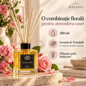 Difuzor parfum Geraniu & Trandafir cu bețișoare, 200 ml - Img 2
