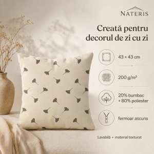 Față de pernă decorativă 43x43 cm cu frunze ginkgo, bej - Img 3