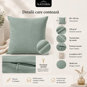 Față de pernă decorativă Nateris, poliester, 40x40 cm, verde deschis - Img 3