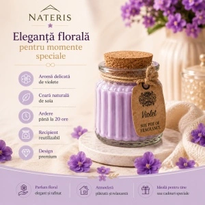 Lumânare parfumată Violete, ceară naturală de soia, 120 g, ardere până la 20 ore - Img 4