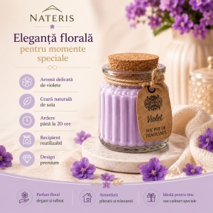 Lumânare parfumată Violete, ceară naturală de soia, recipient din sticlă cu capac din plută, parfum floral delicat, ardere până la 20 ore, decor premium pentru casă, 120 g - Img 3