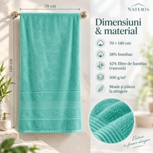 Set 2 prosoape baie Nateris Bamboo Moreno, 70x140 cm, 500 g/m², turcoaz - Img 2
