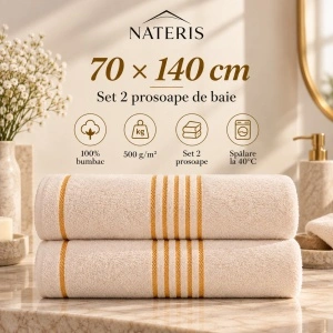 Set 2 prosoape baie Nateris Tiwano, bumbac, 70x140 cm, crem - Img 3