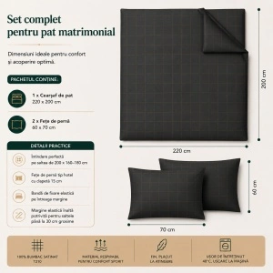 Set lenjerie de pat 200x220 cm, 100% bumbac satinat, 3 piese, gri antracit - Img 4