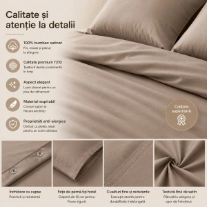 Set lenjerie de pat 240x220 cm, 100% bumbac satinat, 3 piese, închidere cu capse, bej - Img 5