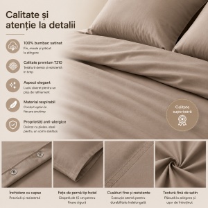 Set lenjerie de pat, 240x220 cm, 2 fețe de pernă 60x70 cm, 100% bumbac satinat, anti-alergic, închidere cu capse, bej - Img 5