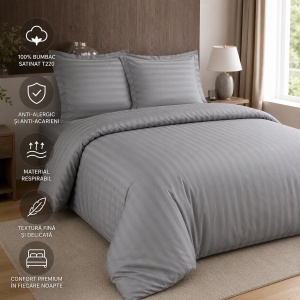 Set lenjerie de pat Hotel Line, 200x200/260 cm, 2 fețe de pernă 60x70 cm, 100% bumbac satinat T220, model dungi hotel, anti-alergic, închidere cu capse, gri - Img 2