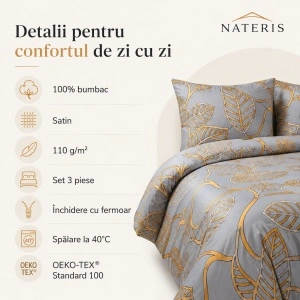 Set lenjerie pat Nateris satin 100% bumbac 220x200 cm, 3 piese, gri - Img 3